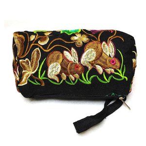 Embroidery Rabbits Floral Fabric Wristlet Pouch Black Brown Red 3-Layer Zippers